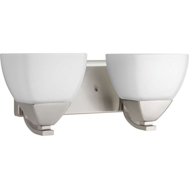 Brushed Nickel 2-Light Bath Vanity with Etched White Glass Shades