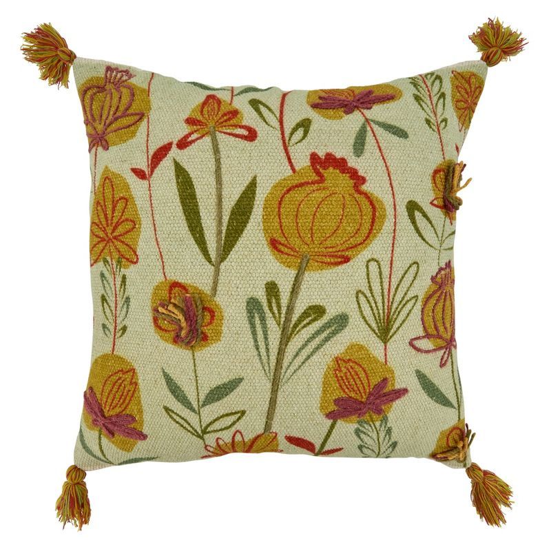 Green Cotton Embroidered Floral Throw Pillow Cover