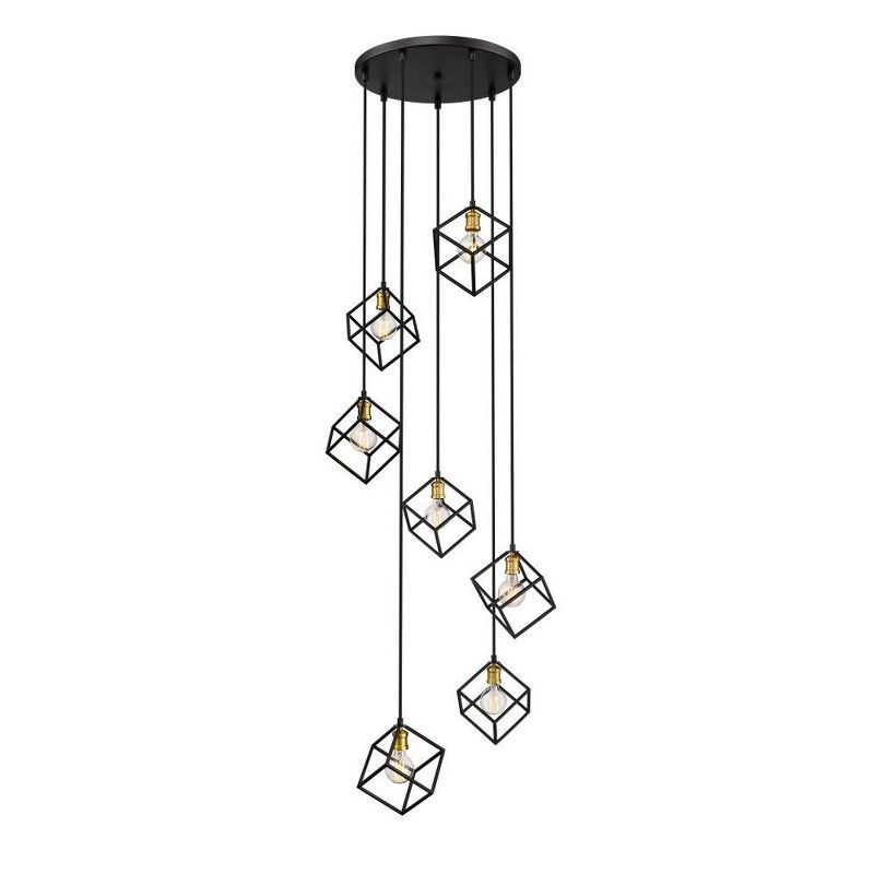 Vertical 7-Light Black and Brass Cube Pendant Chandelier