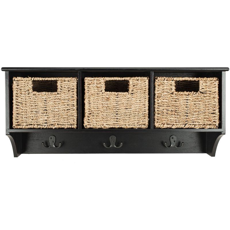 Black Pine Wall Hook Rack with 3 Wicker Baskets