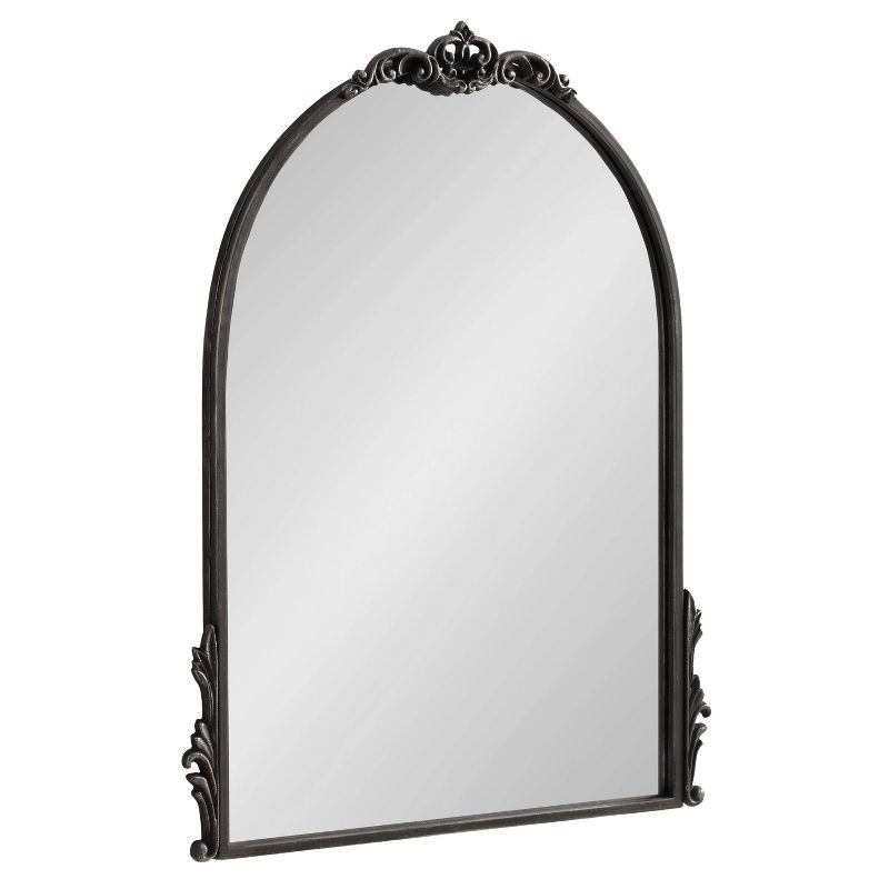 Myrcelle Antique Black Arched Wall Mirror with Ornate Garland Details