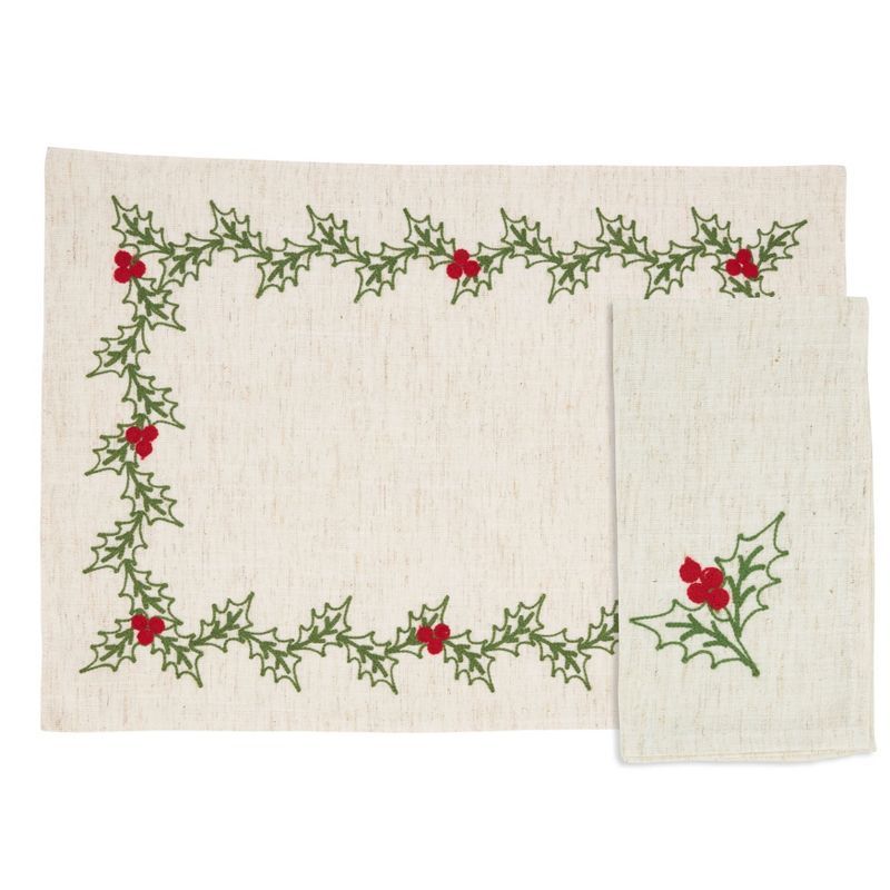 Natural Embroidered Holly Holiday Placemats and Napkins Set