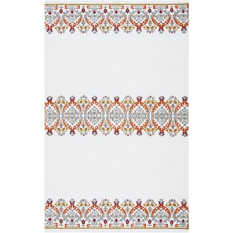 Ivory and Multicolor Geometric Cotton Synthetic 4' x 6' Area Rug