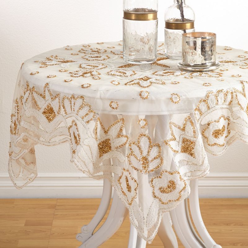 Gold Hand Beaded Floral Design Table Topper