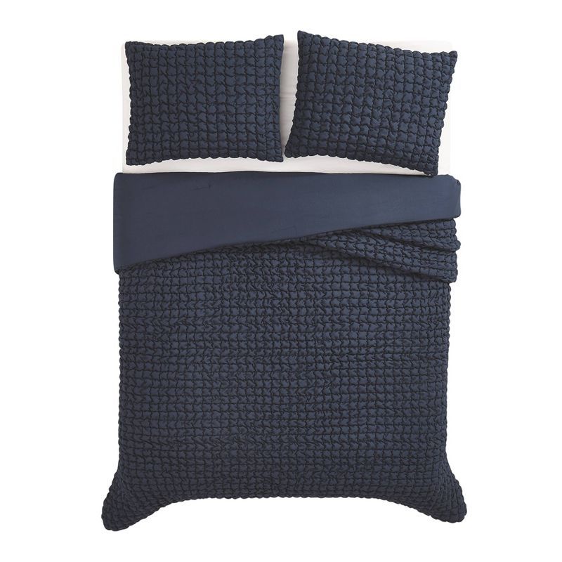 Full Blue Microfiber Textured Puff Bedspread Set