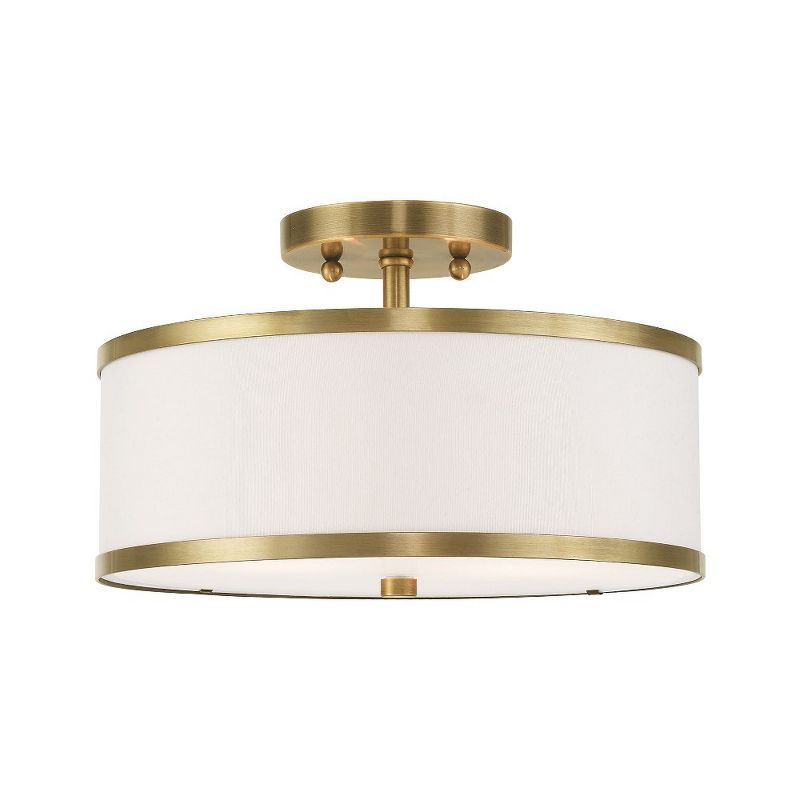 Antique Brass and Off-White Fabric Semi-Flush Mount Light