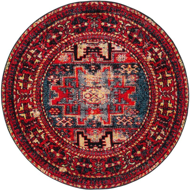 Vintage Red and Multi Round Synthetic Area Rug