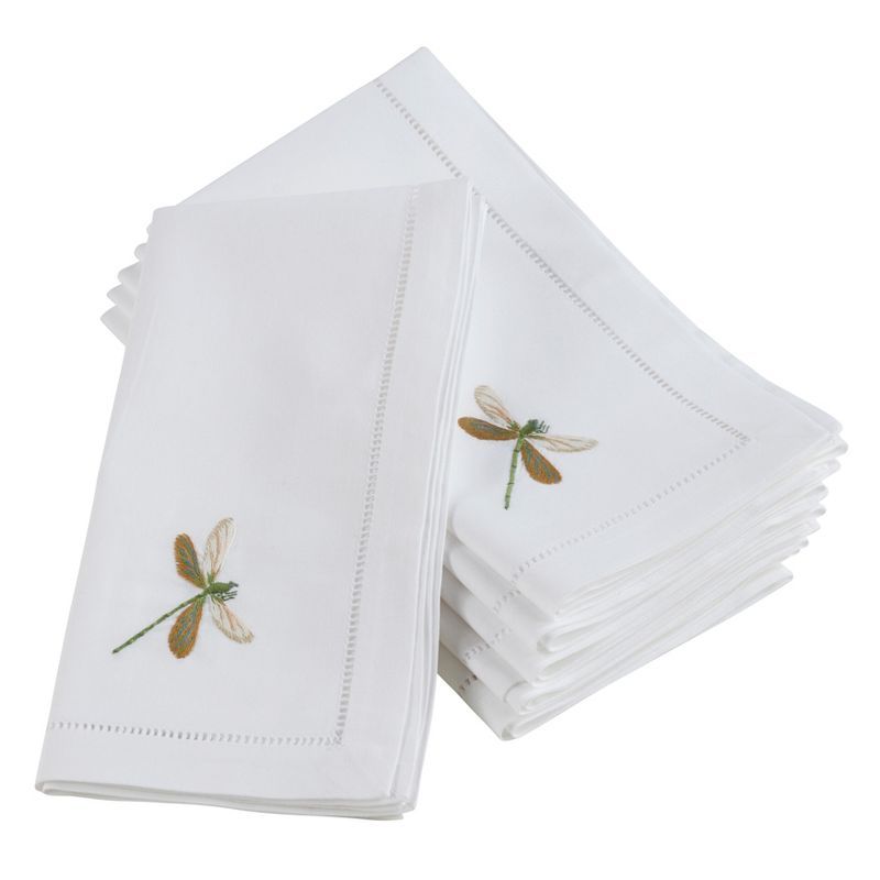 White Cotton Table Napkins with Dragonfly Embroidery, 20" Set of 6