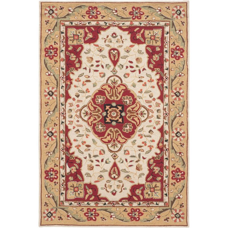 Handmade Cream and Red Synthetic 4' x 6' Area Rug