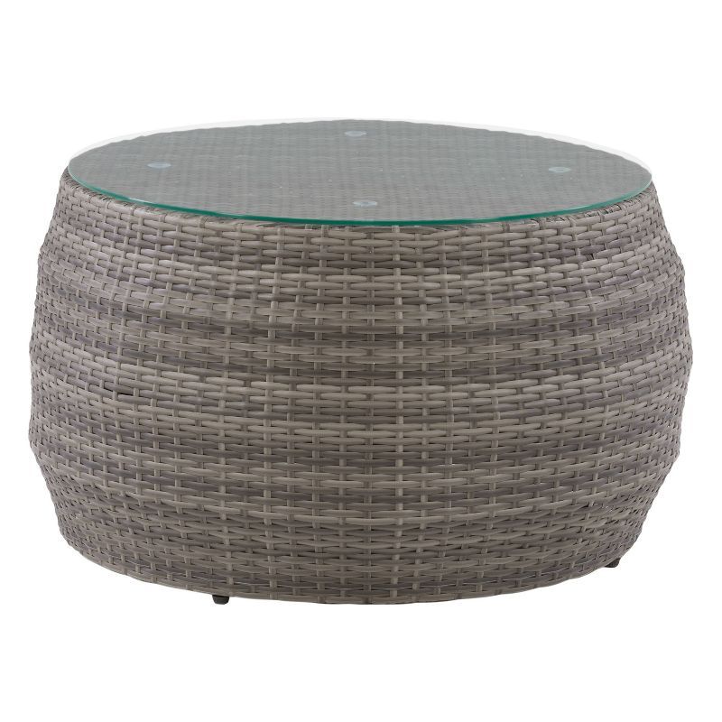 Parksville Gray Round Wicker Patio Coffee Table with Glass Top