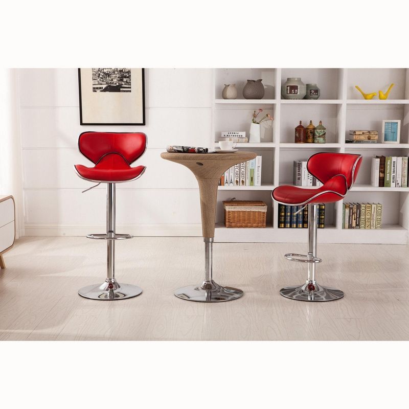 Red Faux Leather Adjustable Swivel Bar Stools with Chrome Base, Set of 2