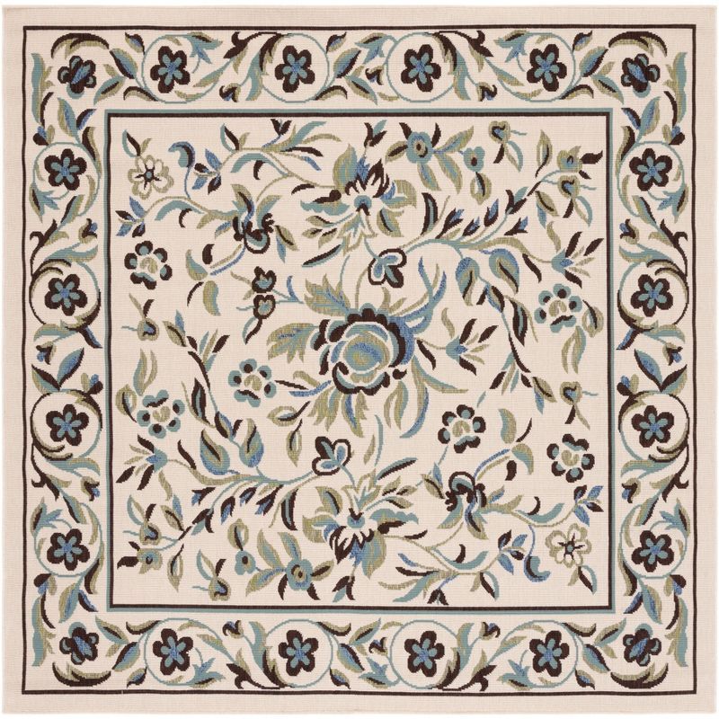 Cream and Green Floral Synthetic Square Area Rug