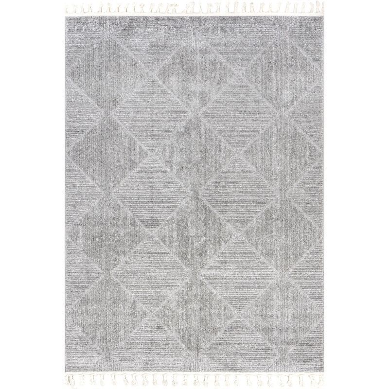 Light Grey Geometric Synthetic Tasseled Area Rug Runner