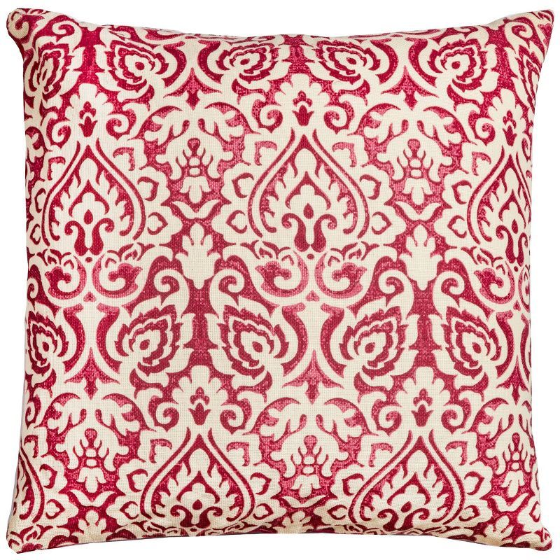 Burgundy and White Cotton Damask Square Throw Pillow