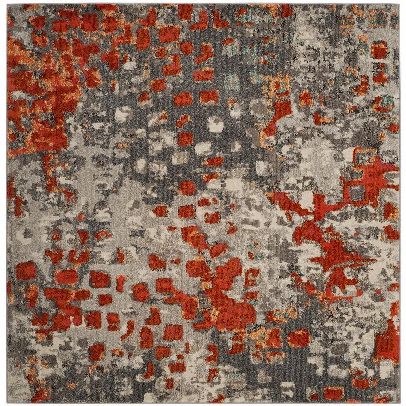 Abstract Grey & Orange Square Synthetic Area Rug - 6'7"