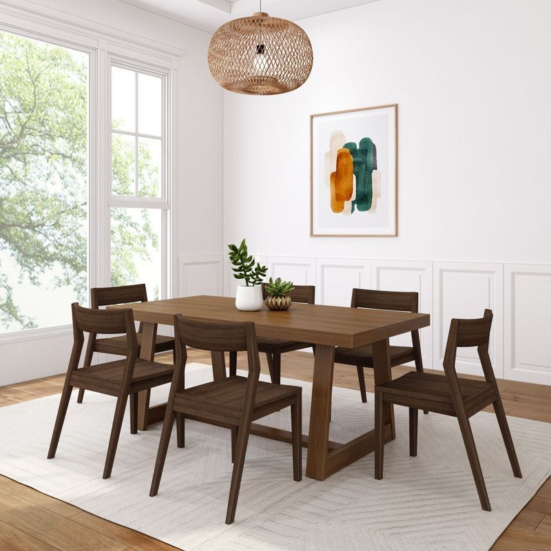 72" Solid Pine Wood Dining Table Set with 6 Black Chairs, Wirebrush Finish