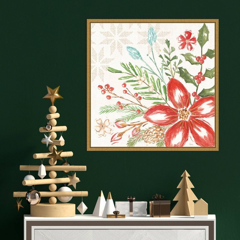 Elegant Holiday Botanical Red and Green Canvas Print with Gold Frame