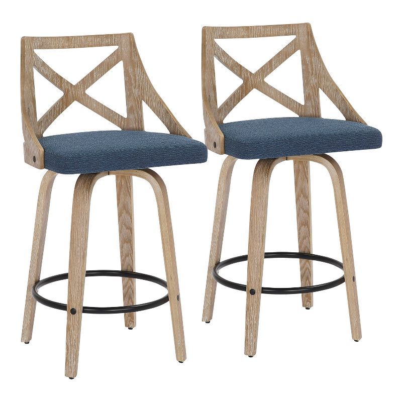 Set of 2 Blue Swivel Counter Height Stools with Wood Frame