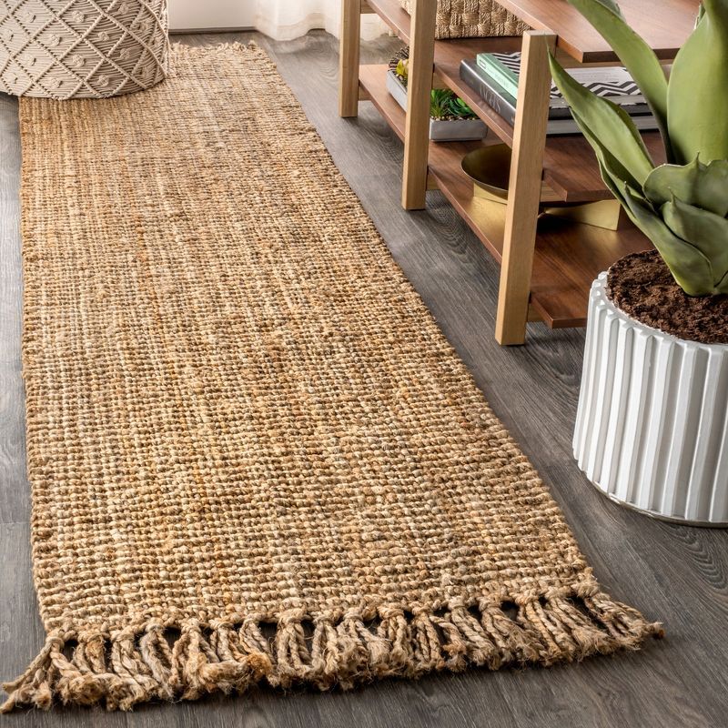 Hand Woven Light Blue Chunky Jute Runner Rug with Fringe