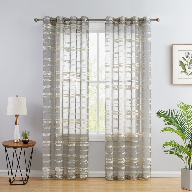 Beige Sheer Striped Grommet Window Curtain Panels, 54x84 Set of 2