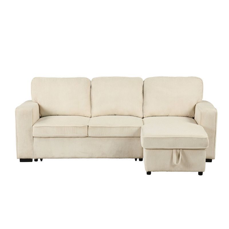 Beige Corduroy Sectional Sofa with Storage and Ottoman
