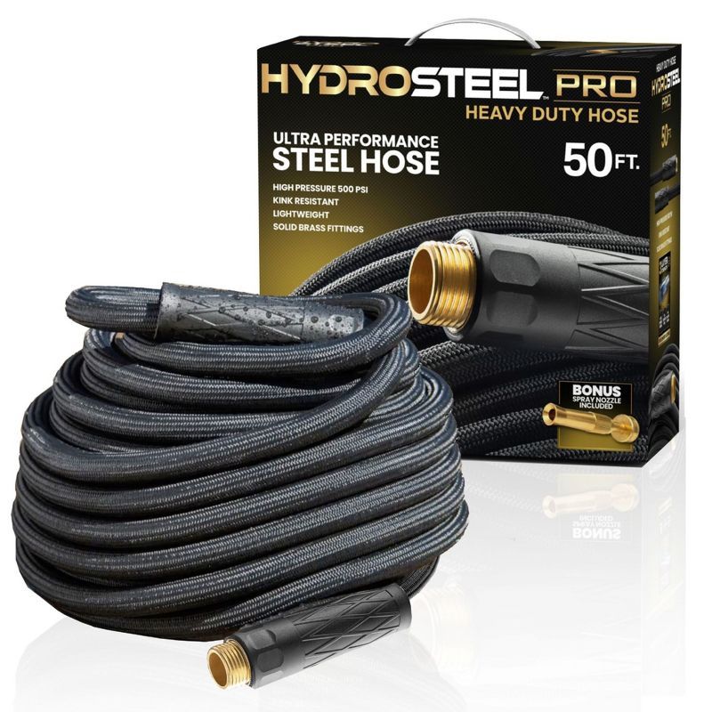 HydroSteel Pro 50 Ft Black Stainless Steel Water Hose with Brass Fittings