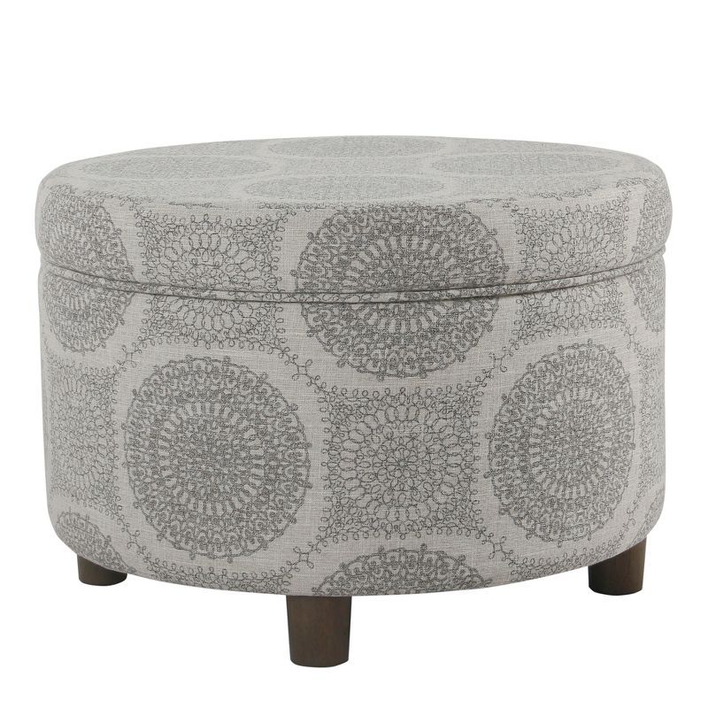 Gray Round Medallion Storage Ottoman with Wood Legs