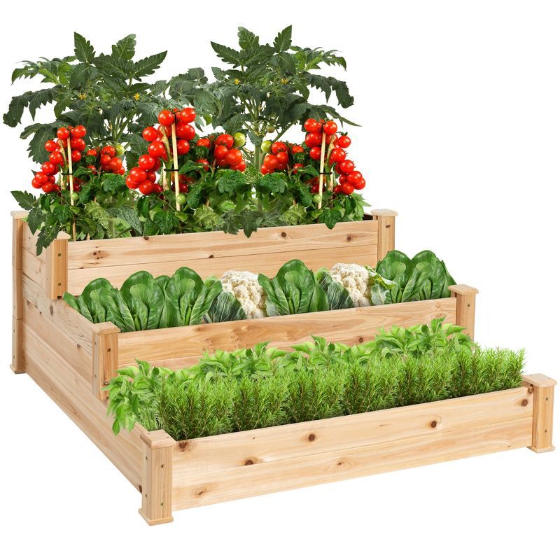 Natural Fir Wood 3-Tier Raised Garden Bed Planter for Outdoor Gardening