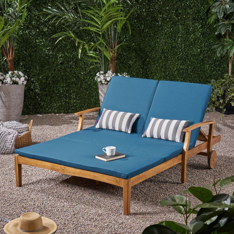 Samantha Double Chaise Lounge with Blue Cushions and Acacia Wood Frame