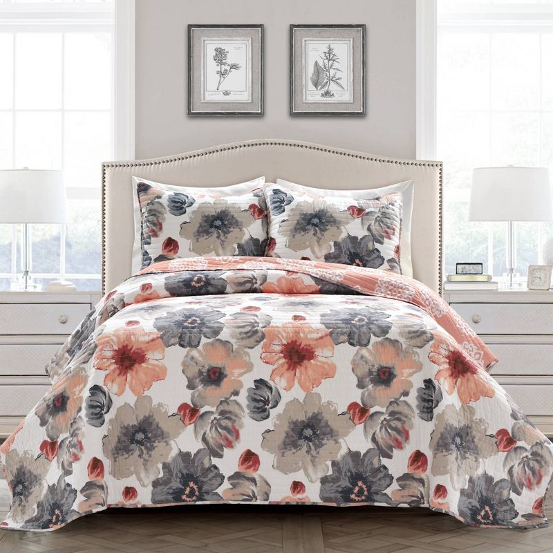 Coral and Gray Reversible Floral Full Microfiber Quilt Set