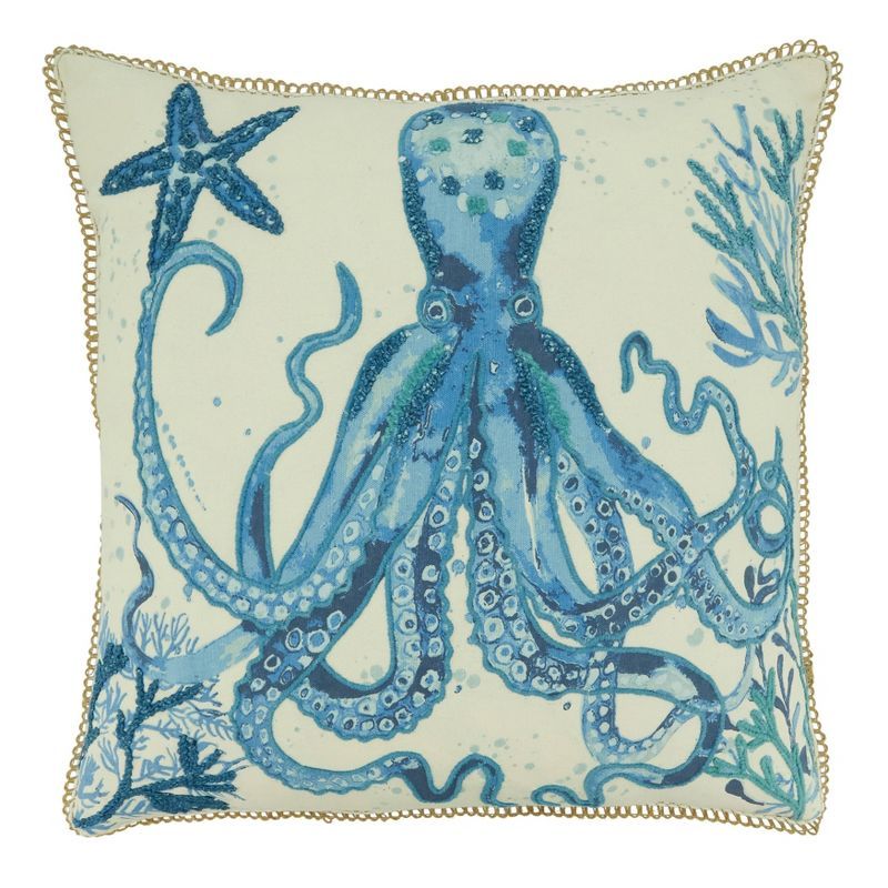 Navy Blue Cotton Octopus Design 20" Square Throw Pillow Cover