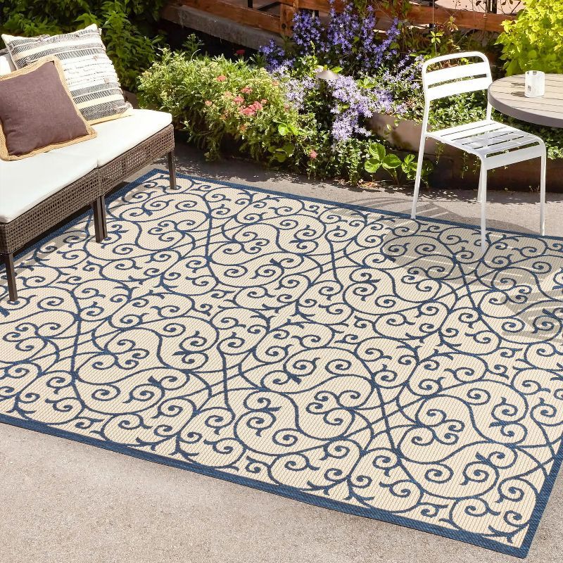 Madrid Navy and Beige Filigree 4' x 6' Synthetic Area Rug