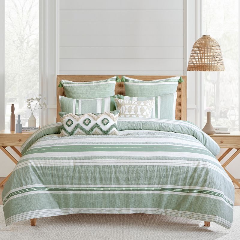 Green and Cream Cotton King Duvet Cover Set with Ruffled Details