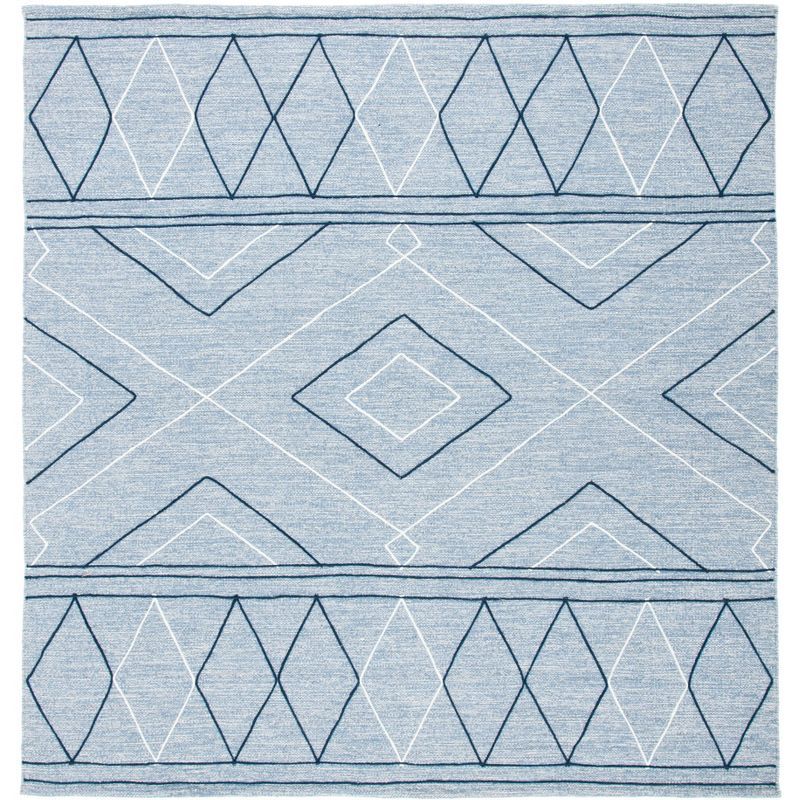 Light Blue and Ivory Wool Cotton Striped Kilim Area Rug