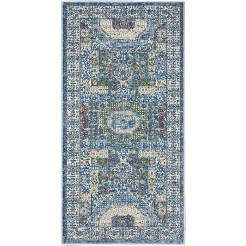 Ivory and Light Blue Synthetic Bohemian Area Rug
