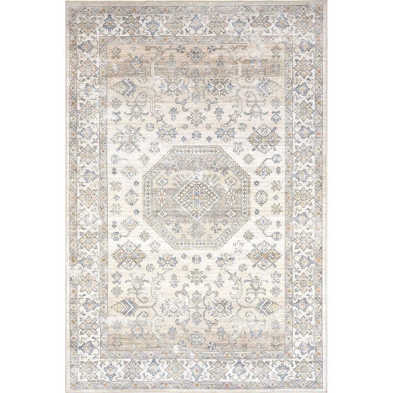 Beige and Ivory Synthetic Washable 4' x 6' Area Rug