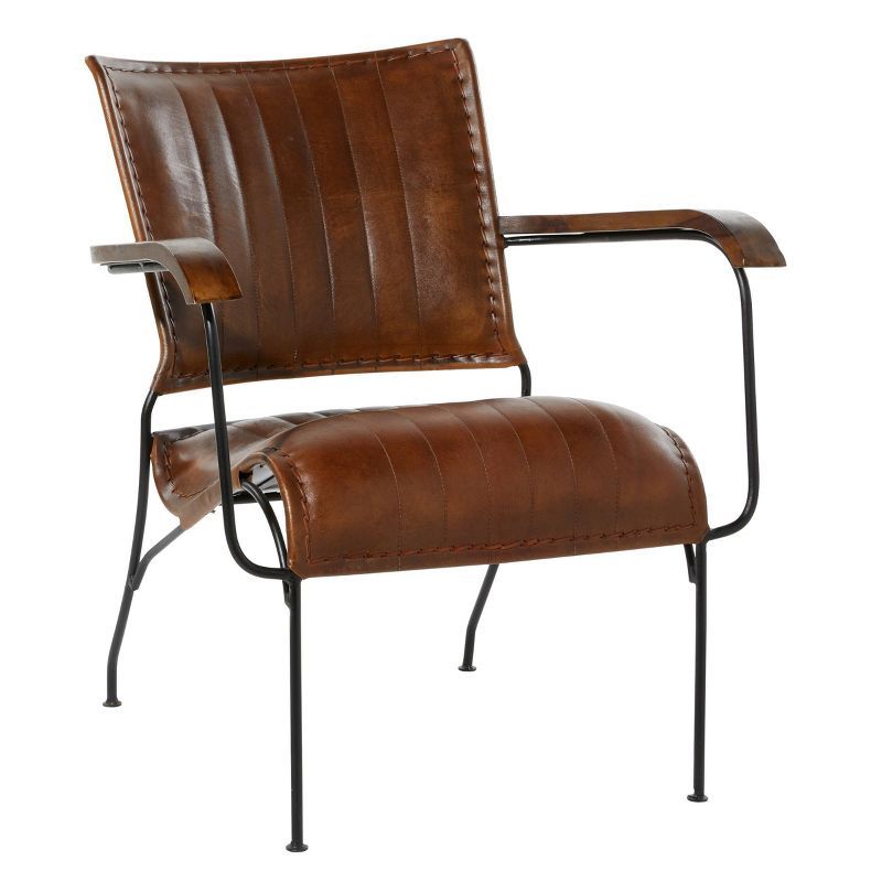 Vintage Brown Leather and Metal Accent Chair