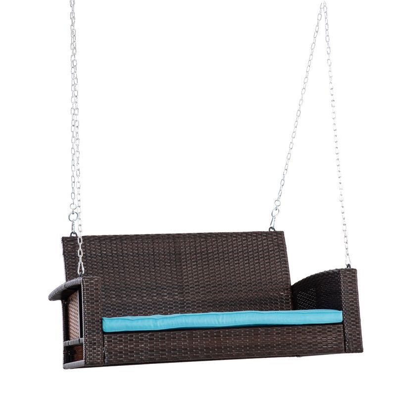 Sky Blue Cushioned 2-Person Wicker Hanging Porch Swing Bench