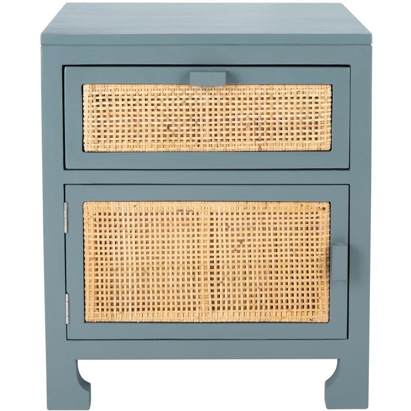 Coastal Blue Grey Mahogany Nightstand with Rattan Drawer