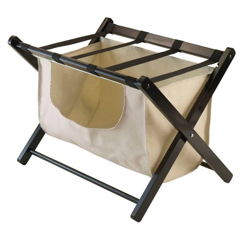 Espresso Wood Luggage Rack with Beige Fabric Basket