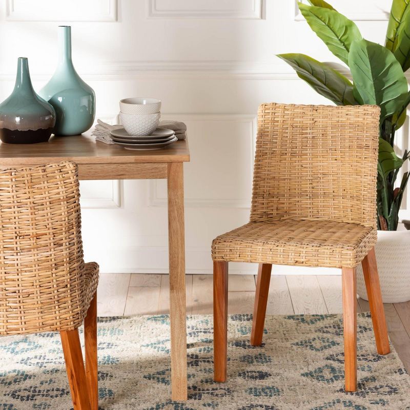 Light Honey Rattan and Mahogany Dining Side Chair