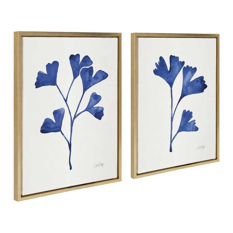 Navy Ginkgo Botanical Canvas Art Set with Gold Frame