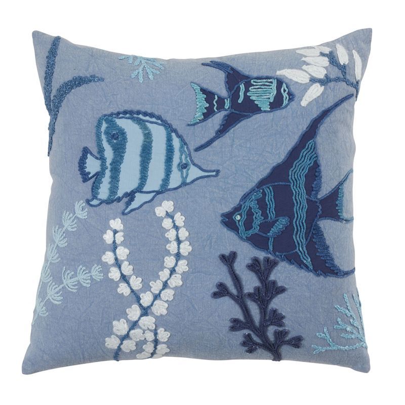 Blue Cotton Coastal Fish Design Square Throw Pillow, 20"