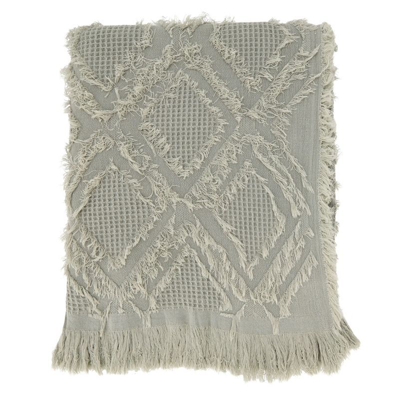 Blue & Grey Cotton Fringe Waffle Weave Throw Blanket