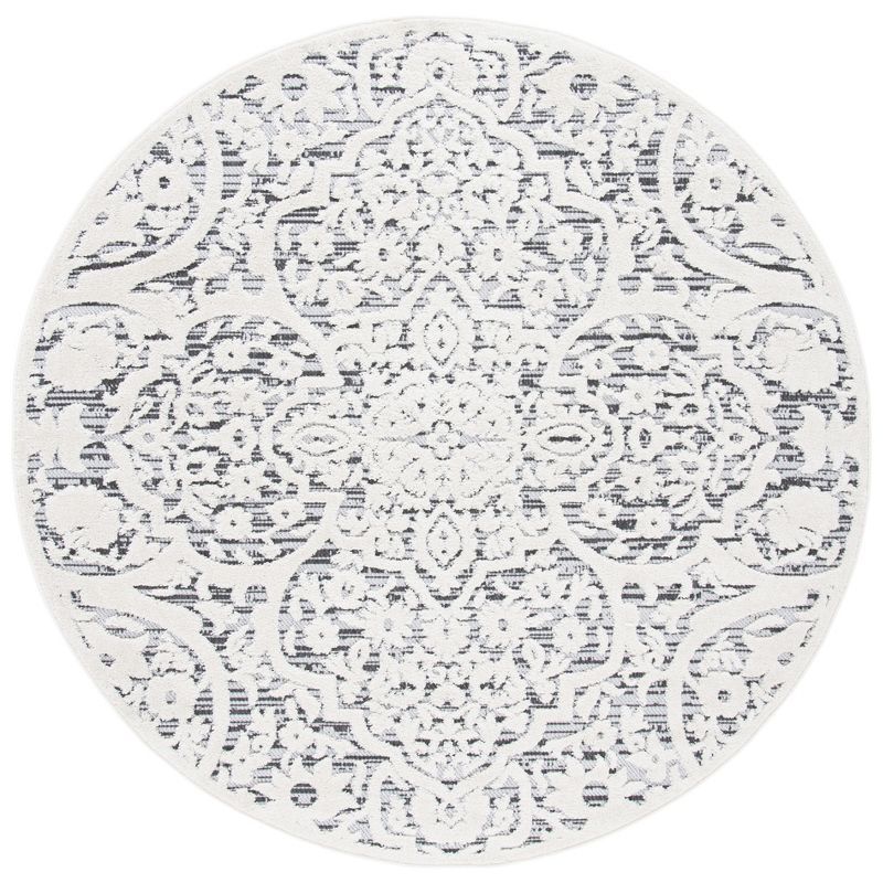 Gray Floral Round Synthetic Indoor/Outdoor Rug