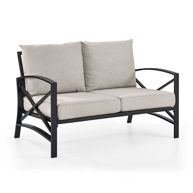 Oatmeal and Bronze Metal Outdoor Loveseat with Cushions