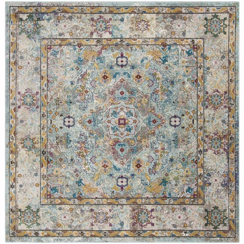 Beige and Blue Hand-knotted Synthetic Square Area Rug