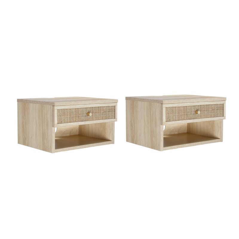 Light Oak and Rattan Floating Nightstands with Drawer, Set of 2