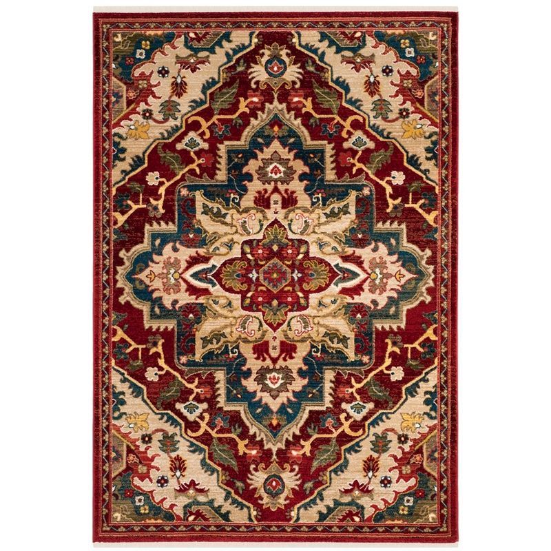 Kashan Red and Beige Synthetic Rectangular Area Rug