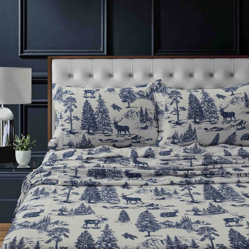 Deer Toile Navy Cotton Flannel Queen Sheet Set